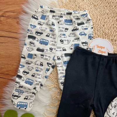 Kit 3 Calças - Dinos, Preto e Carrinhos - Preto, Off White e Azul Jeans